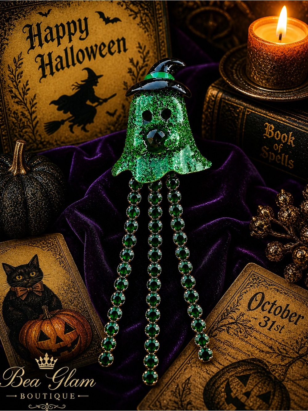 Betsey Johnson Witch Ghost Brooch Green Rhinestone Strand Pin Halloween